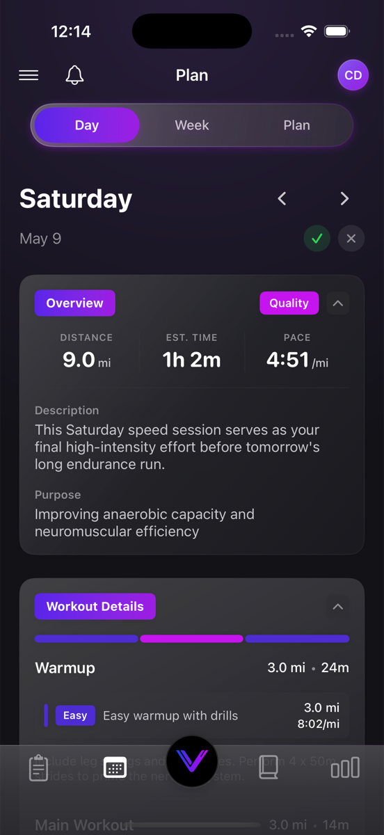 Plan tab — today's workout in detail