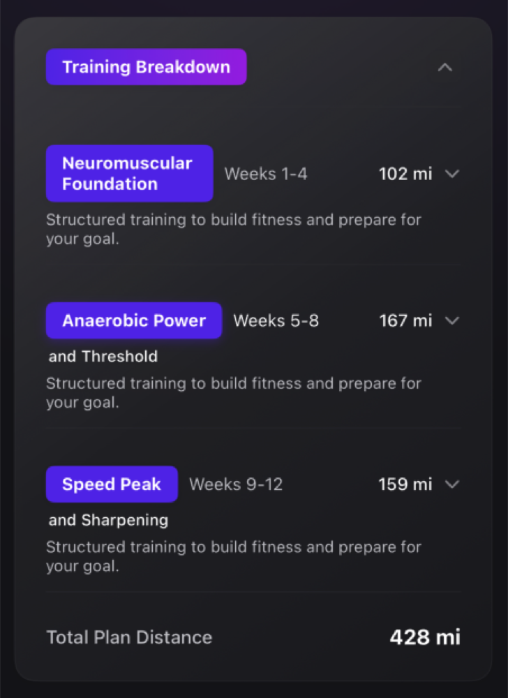 Training breakdown — warmup / main / cooldown