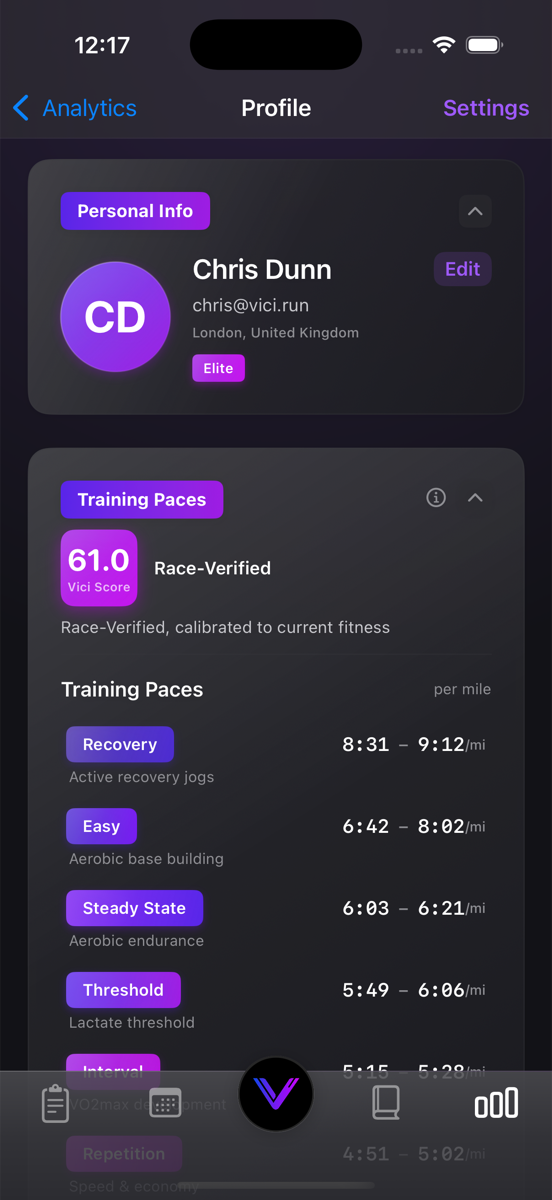 Profile tab — pace zones, calibrated to your fitness