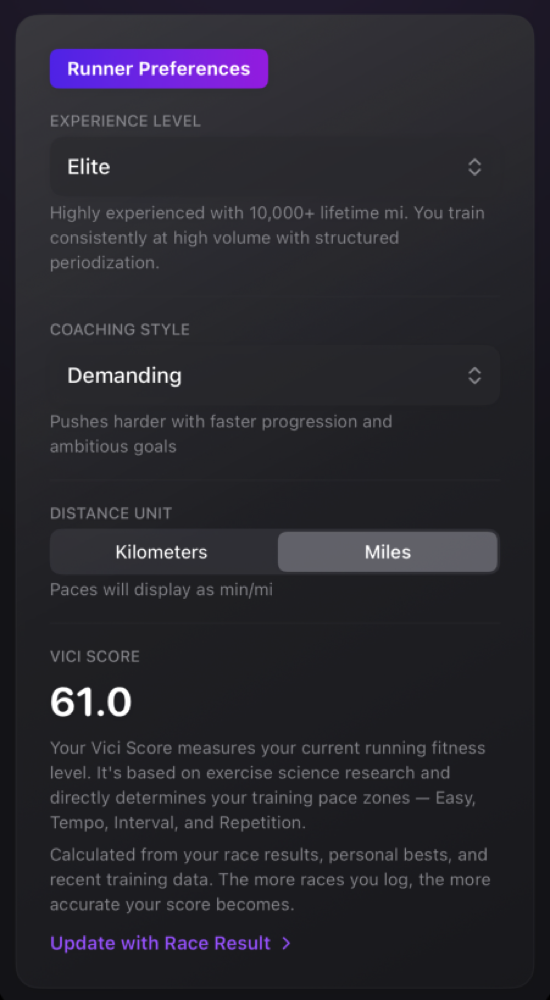 Runner preferences