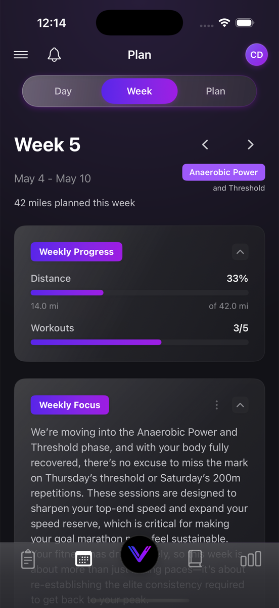 This week — day-by-day workouts with focus narrative